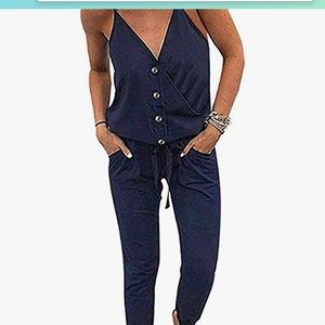 V Neck spaghetti strap drawstring waist jumpsuit